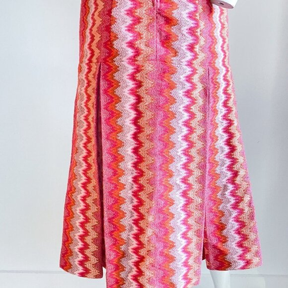 Vintage Chevron Print Pink Tones Dropped Waist Patch Pockets Pleated Midi Dress - Picture 9 of 10